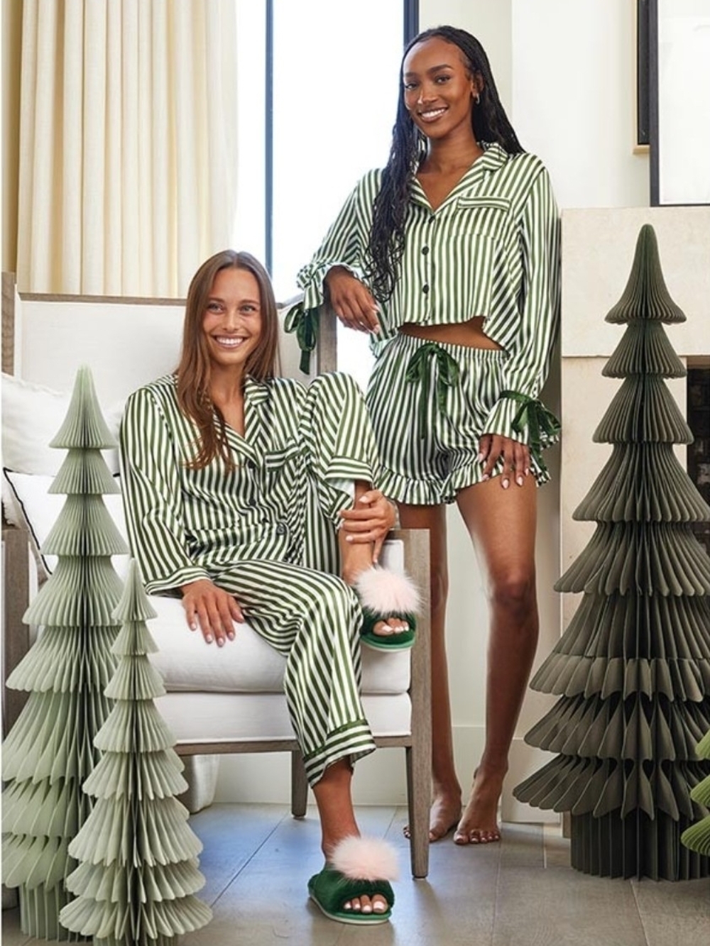 Bella Green Stripe Cropped PJ Set With Velvet Ties - Medium
